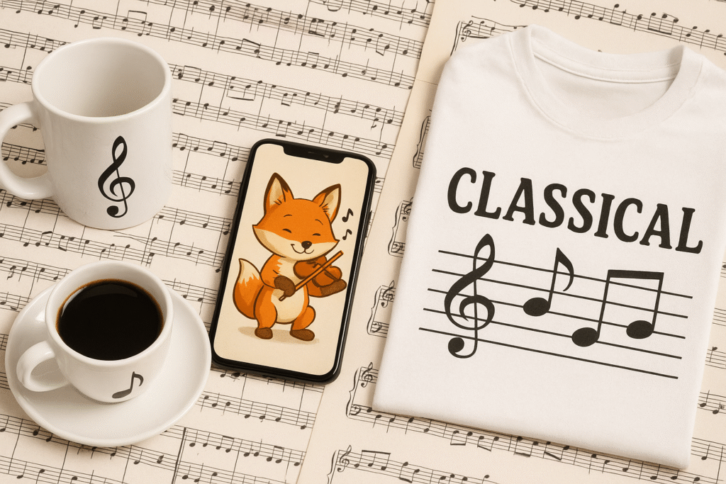 Innovative music scores and arrangements, fox character playing string instruments, music instructor-themed t-shirt, and mugs featuring printed musical compositions